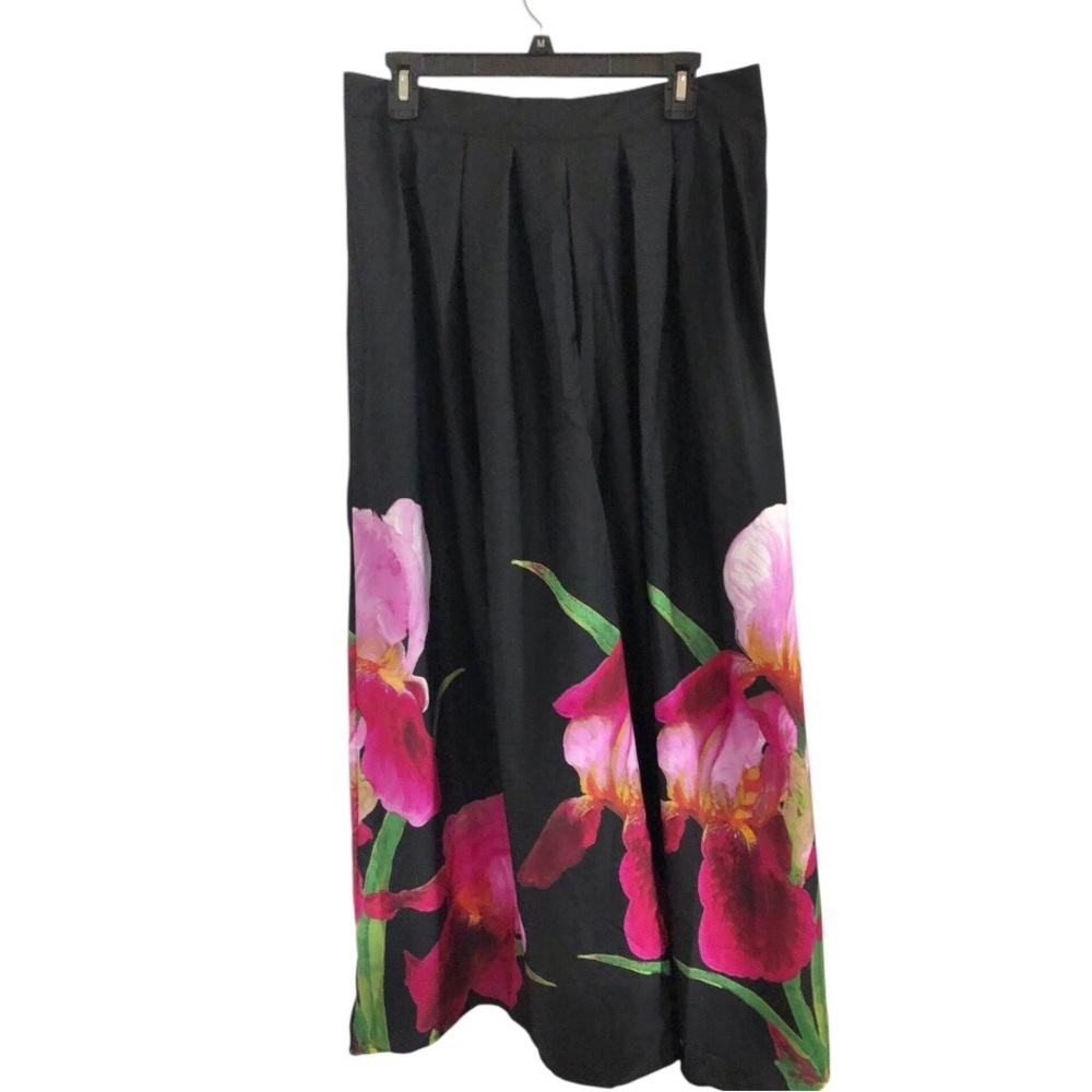Black pink hibiscus floral tropical print hem wide leg flowy pants size XL new - Picture 10 of 17
